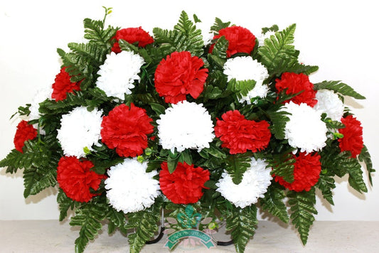 XL Handmade Red and White Carnations Cemetery Headstone Saddle Arrangement-Grave Decorations