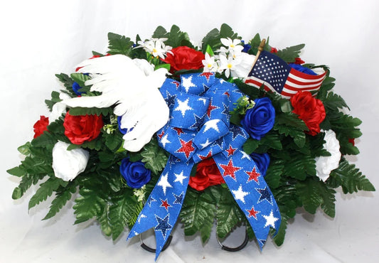 XL Handmade Memorial-Veteran -4th Of July Headstone Saddle Cemetery Arrangement-Grave Decorations