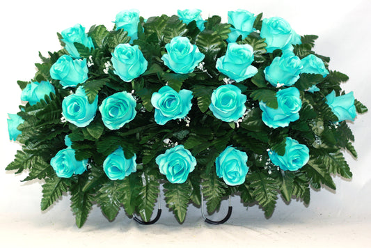 XL Handmade Turquoise Open Roses Cemetery Headstone Saddle Arrangement-Grave Decorations