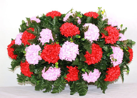 XL Handmade Red and Pink Carnations Cemetery Headstone Saddle Arrangement-Grave Decorations