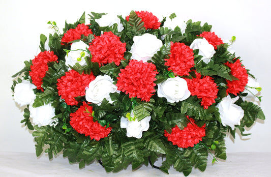 XL Handmade Red Carnations and White Roses Cemetery Headstone Saddle Arrangement-Grave Decorations