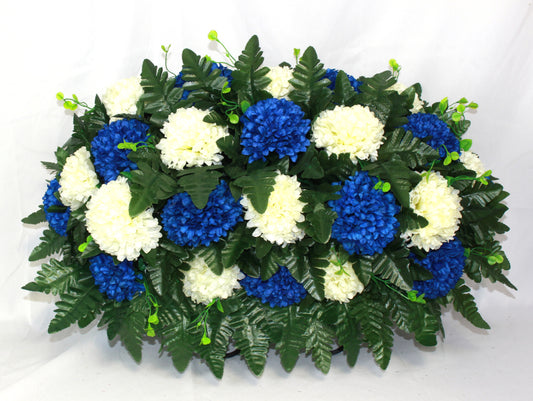 XL Handmade Blue and Cream Carnations Cemetery Headstone Saddle Arrangement-Grave Decorations