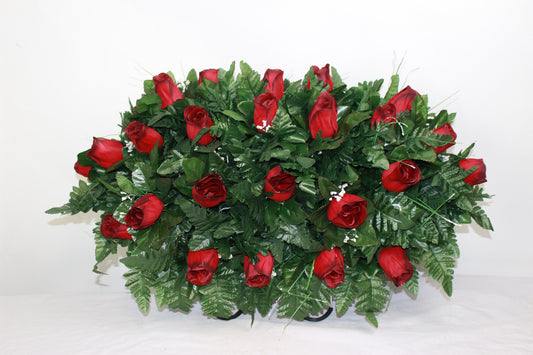 XL Handmade Red Closed Roses Cemetery Headstone Saddle Arrangement-Grave Decorations