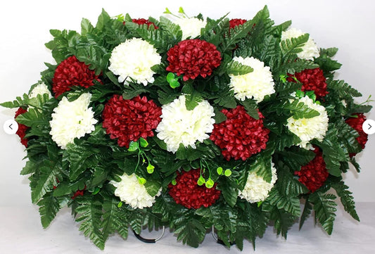 XL Handmade Burgundy and Cream Carnations Headstone Saddle Cemetery Arrangement-Grave Decorations