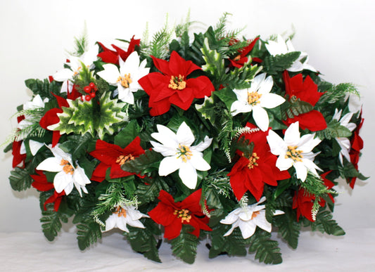 XL Handcrafted Christmas Red and White Poinsettia Cemetery Flower Arrangement-Cemetery Headstone Saddle