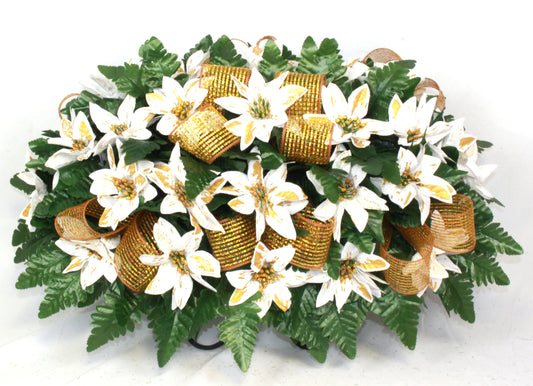 XL Handcrafted Christmas White and Gold Poinsettia Cemetery Flower Arrangement-Cemetery Headstone Saddle