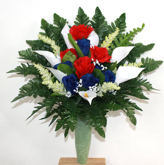 Handcrafted Red, White and Blue Roses w Calla Lilies Cemetery Flower Arrangement for Mausoleum -Memorial Flowers -Grave Decoration-Urn Arrangement