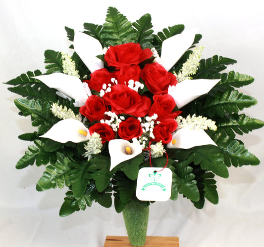 Handcrafted Red and White Roses w Calla Lilies Cemetery Flower Arrangement for Mausoleum -Memorial Flowers -Grave Decoration-Urn Arrangement