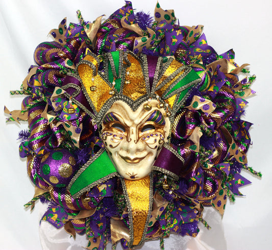XL Handmade Mardi Gras Wreath-Jester's Mask-Deco Mesh Wreath-Mardi Gras Decorations