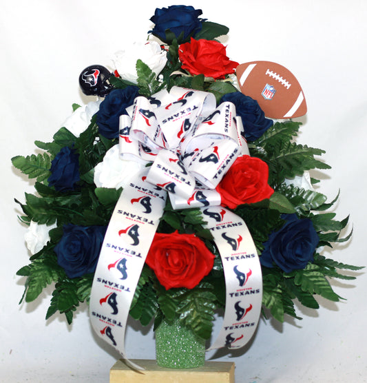 XL Houston Texan Fan Fan Handmade 360-Degree Cemetery Vase Silk Flower Arrangement
