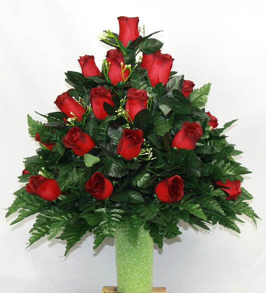 XL Handcrafted Red Closed Roses Cemetery Vase Arrangement-Grave Decorations