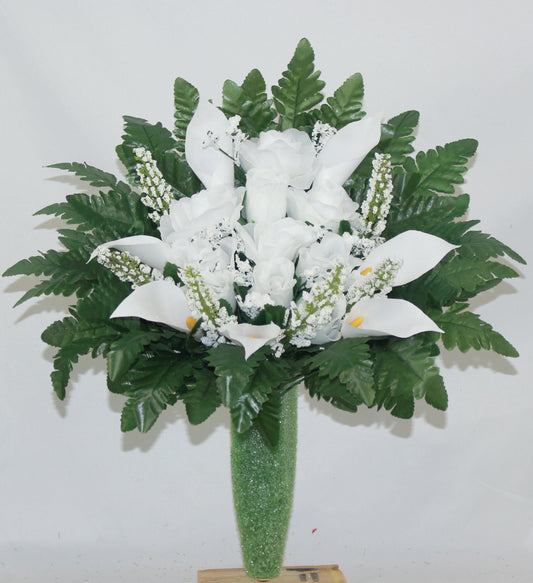Handcrafted White Roses w Calla Lilies Cemetery Flower Arrangement for Mausoleum -Memorial Flowers -Grave Decoration-Urn Arrangement