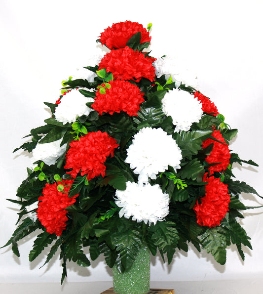 XL Handcrafted Red and White Carnations Cemetery Vase Arrangement-Grave Decorations
