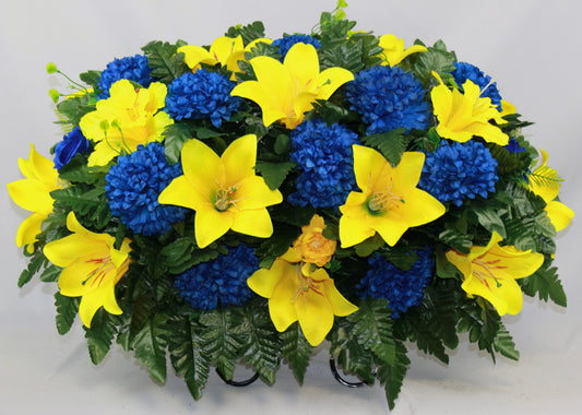 XL Handmade Yellow Lilies and Blue Carnations Saddle Cemetery Flower Arrangement-Grave Decorations