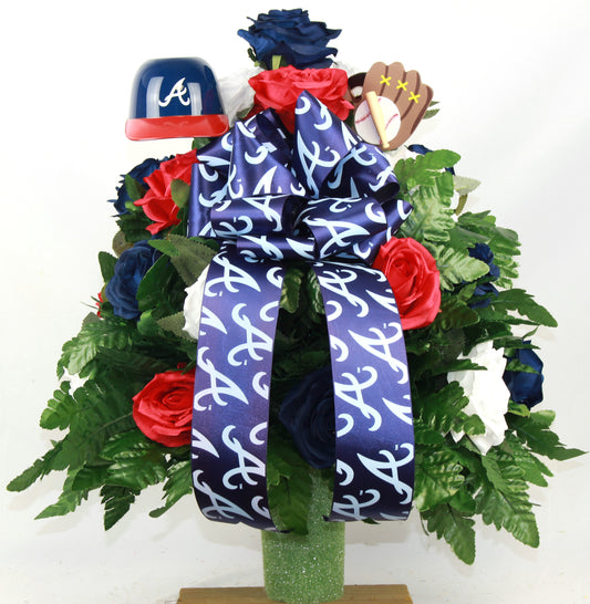 XL Atlanta Braves Fan Handmade 360-Degree Cemetery Vase Silk Flower Arrangement