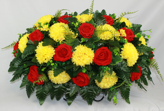 XL Handcrafted Red and Yellow Fall Mixture Cemetery Flower Arrangement-Cemetery Headstone Saddle