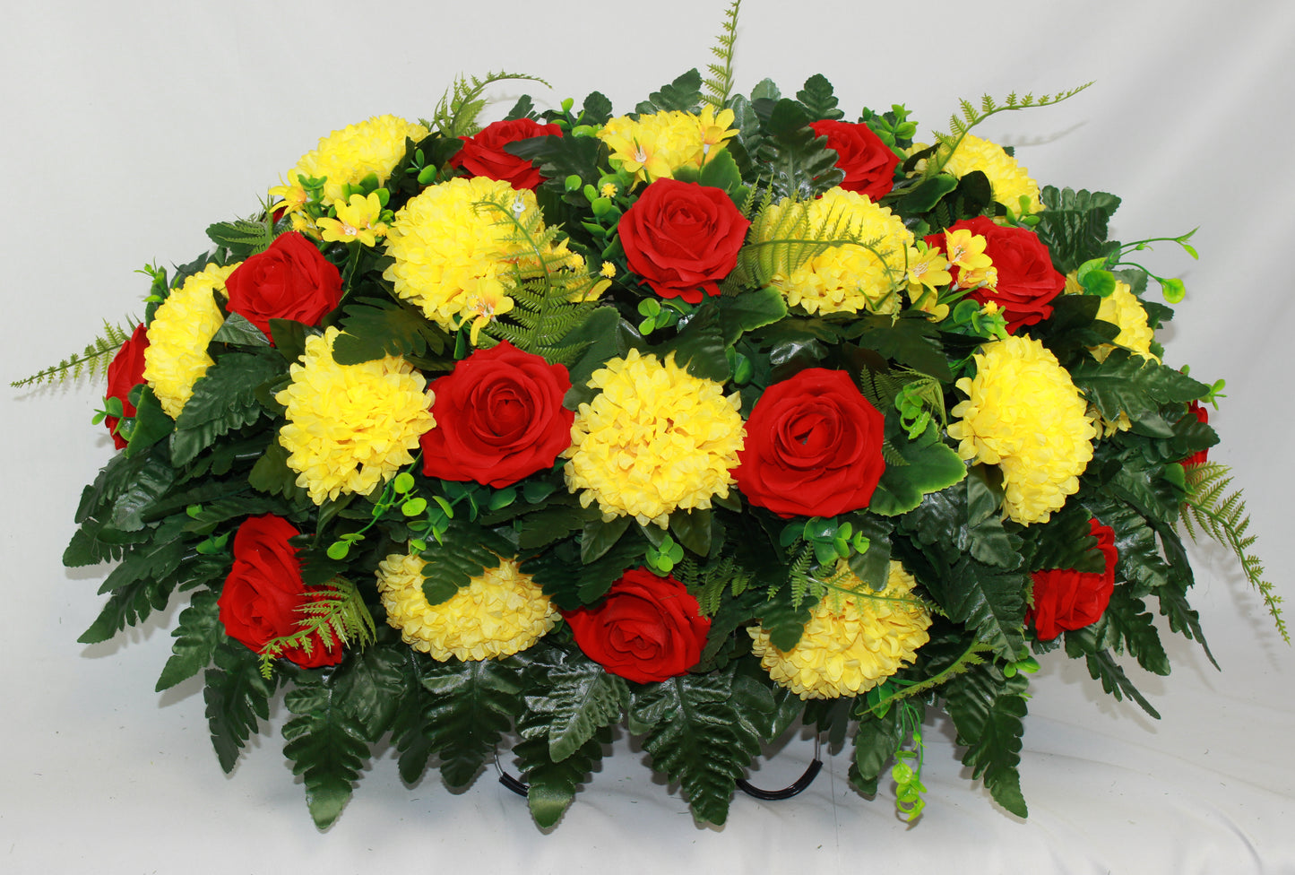 XL Handmade Spring Red Velvet Roses and Yellow Carnations Headstone Saddle Arrangement-Grave Decorations