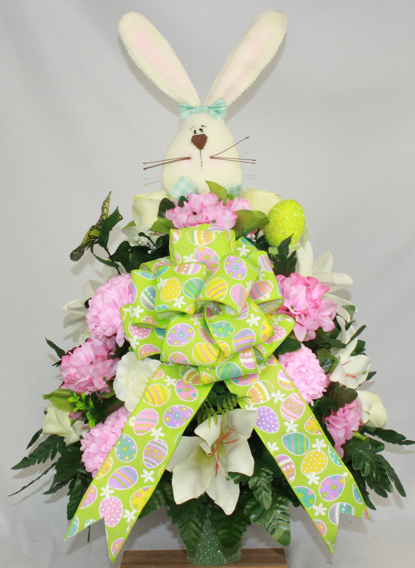 XL Handcrafted 360 Degree Spring Mixture with Bunny and Bow Cemetery Vase Flower Arrangement- Cemetery Flower Grave Decorations