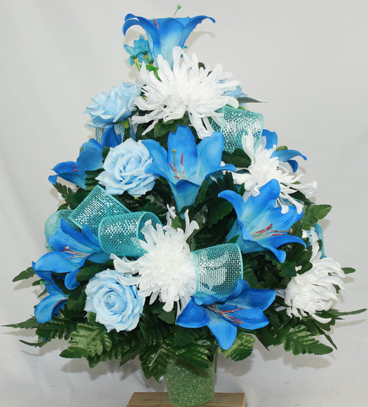 XL Handcrafted Spring Blue Lilies, Blue Roses, White Spider Mums Cemetery Vase Arrangement-Grave Decorations