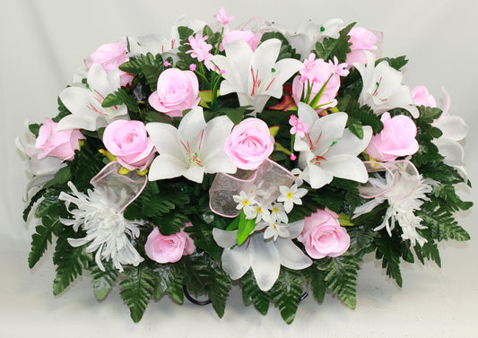 XL Handcrafted White Trumpet Lilies and With Pink Roses Cemetery Flower Arrangement-Cemetery Headstone Saddle