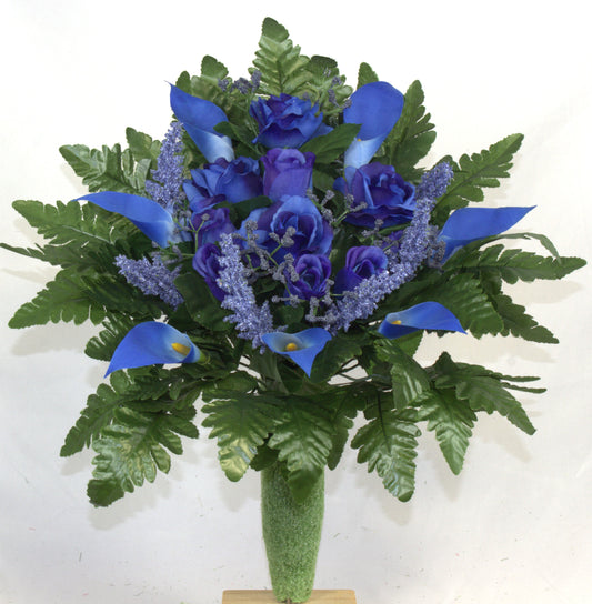 Blue Roses & Calla Lilies Cemetery Arrangement - Memorial & Grave Flowers