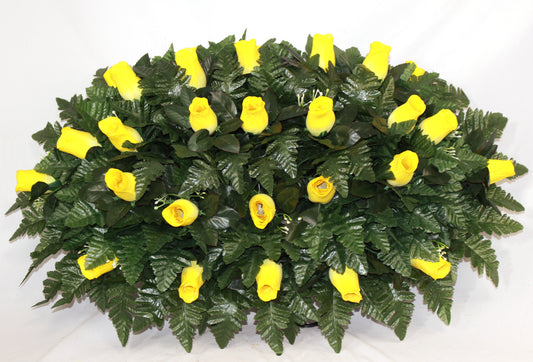 XL Handmade Yellow Closed Roses Cemetery Headstone Saddle Arrangement-Grave Decorations