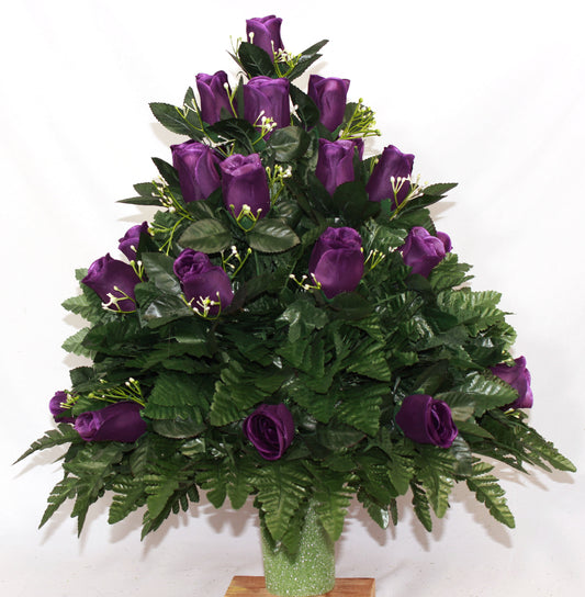 XL Purple Closed Roses Cemetery Vase Arrangement-Grave Decorations
