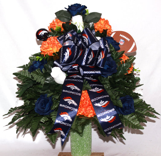XL Denver Broncos Fan Handmade 360-Degree Cemetery Vase Silk Flower Arrangement