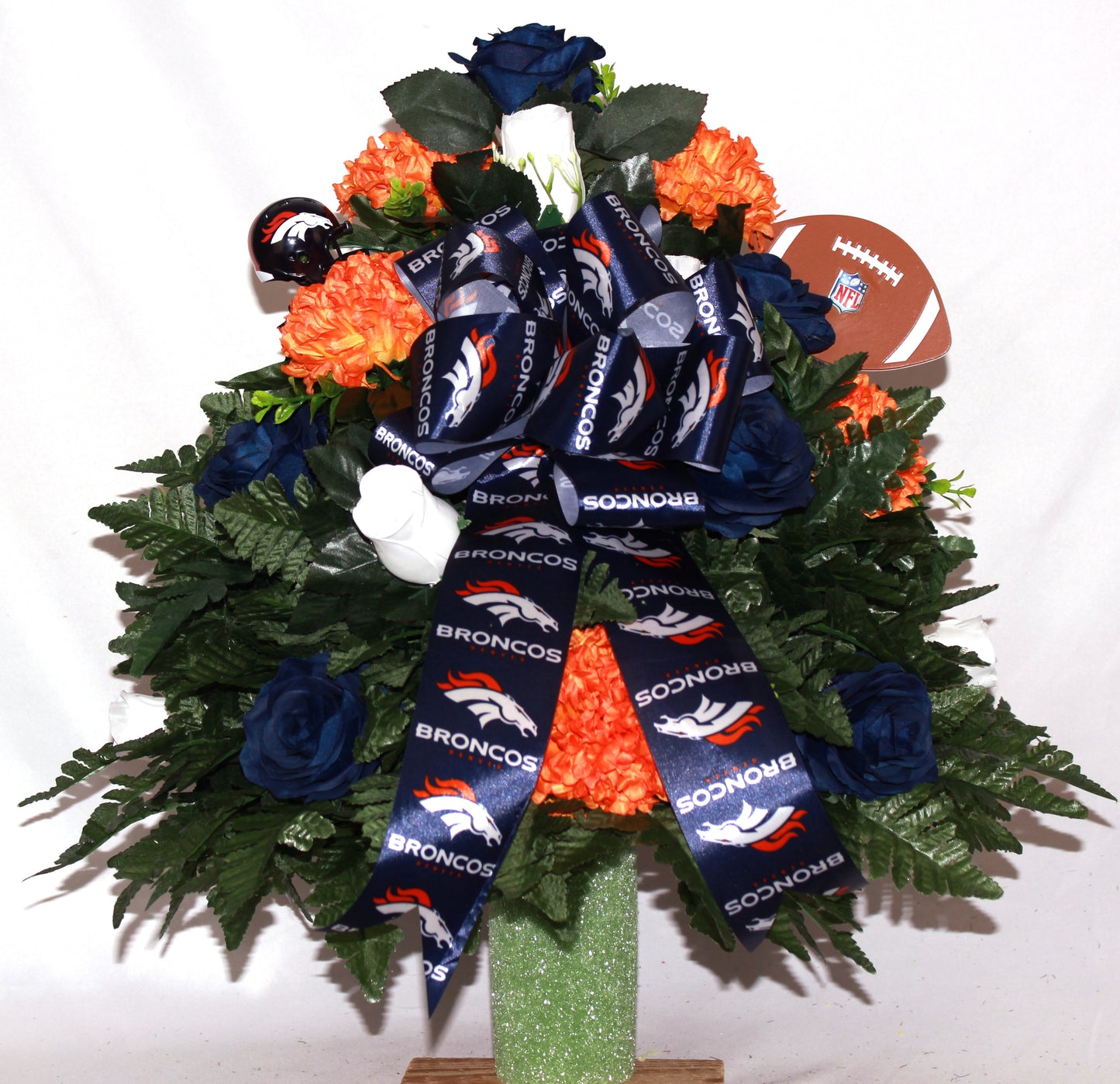 XL Denver Broncos Fan Handmade 360-Degree Cemetery Vase Silk Flower Arrangement