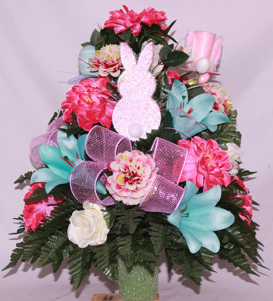 XL Handcrafted 360 Degree Easter Spring Mixture Cemetery Vase Flower Arrangement- Cemetery Flower Grave Decorations