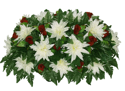 XL Handcrafted cream Flowers and Burgundy Roses Cemetery Flower Arrangement-Cemetery Headstone Saddle