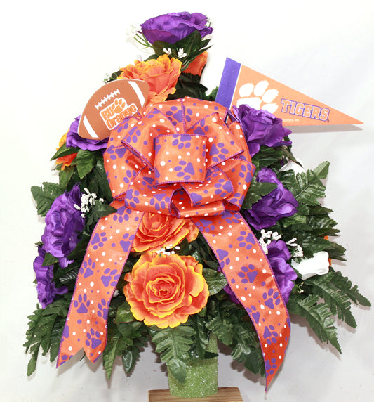 XL Clemson Fan Handmade 360-Degree Cemetery Vase Silk Flower Arrangement