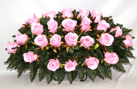 XL Handcrafted Pink Open Rose Cemetery Flower Arrangement-Cemetery Headstone Saddle