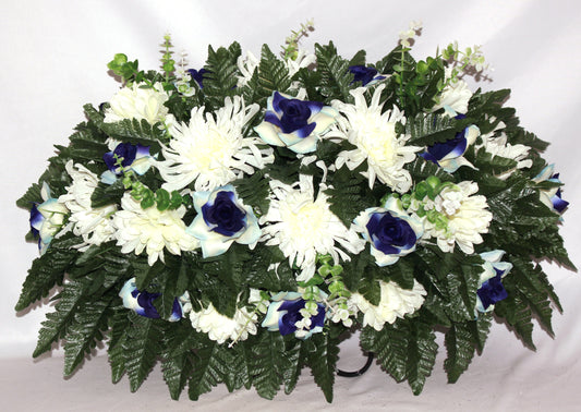 XL Handcrafted Blue/Creme Roses and Creme Spider Mum Cemetery Saddle Arrangement