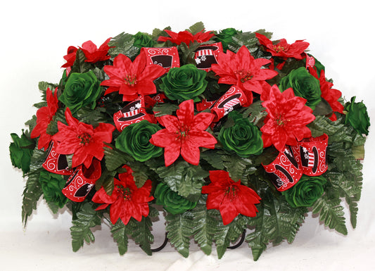 XL Handcrafted Christmas Green Roses and Red Poinsettia Cemetery Flower Arrangement-Cemetery Headstone Saddle