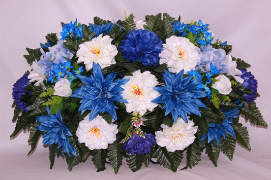 XL Handcrafted Fall Blue and White Mixture Cemetery Flower Arrangement-Cemetery Headstone Saddle