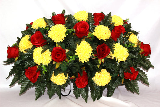 XL Handcrafted Red and Yellow Fall Mixture Cemetery Flower Arrangement-Cemetery Headstone Saddle