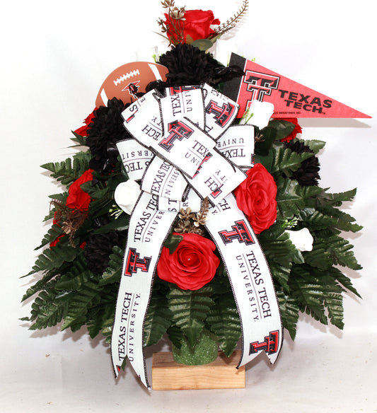 XL Red Raiders Fan Handmade 360-Degree Cemetery Vase Silk Flower Arrangement