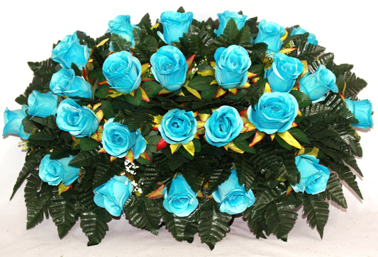XL Handcrafted Fall Turquoise Rose Cemetery Flower Arrangement-Cemetery Headstone Saddle )