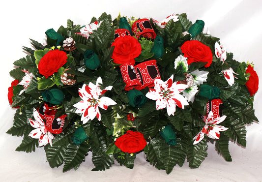 XL Handcrafted Christmas Green Roses and Red/White Poinsettia Cemetery Flower Arrangement-Cemetery Headstone Saddle