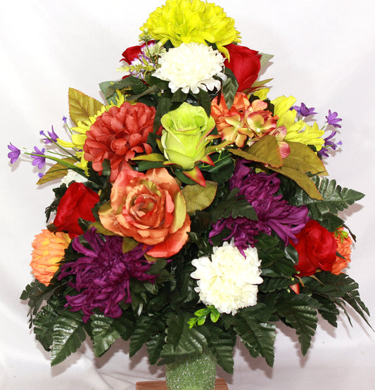 XL Handcrafted 360 Degree Fall Cemetery Vase Flower Arrangement- Cemetery Flower Grave Decorations