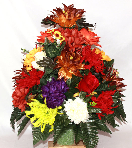 XL Handcrafted 360 Degree Fall Cemetery Vase Flower Arrangement- Cemetery Flower Grave Decorations