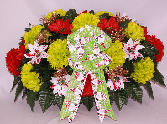 XL Handcrafted Christmas Red and Green Cemetery Flower Arrangement-Cemetery Headstone Saddle