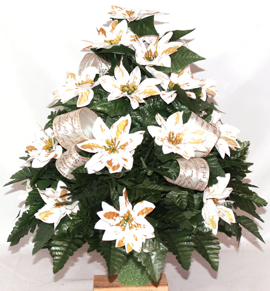 XL Handcrafted 360 Degree Christmas White and Gold Cemetery Vase Flower Arrangement- Cemetery Flower Grave Decorations
