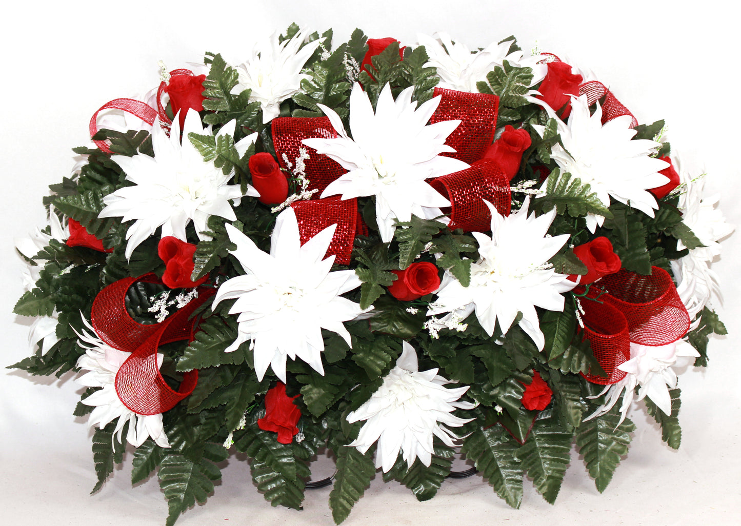 XL Handcrafted Red and White Mixture Cemetery Saddle Flower Arrangement-Cemetery Headstone Saddle