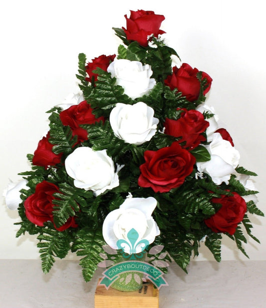 XL Red and White Open Roses Vase Cemetery Arrangement-Grave Decorations