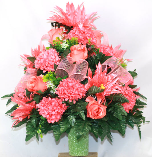 XL Handcrafted Coral Roses and Carnations w Deco Mesh Ribbon Cemetery Vase Arrangement-Grave Decoration