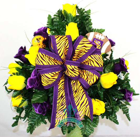 XL LSU Fan Handmade 360-Degree Cemetery Vase Silk Flower Arrangement