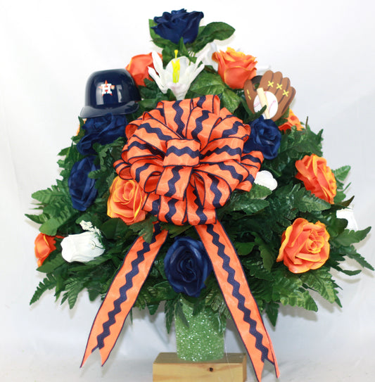 XL Houston Astro's Fan Handmade 360-Degree Cemetery Vase Silk Flower Arrangement