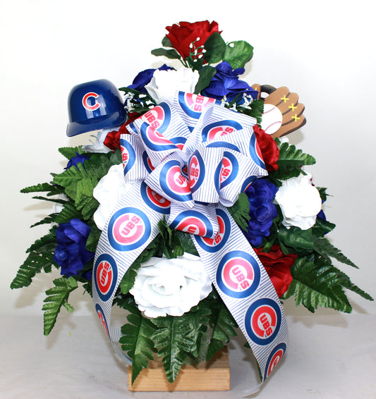 XL Chicago Cubs Fan Fan Handmade 360-Degree Cemetery Vase Silk Flower Arrangement